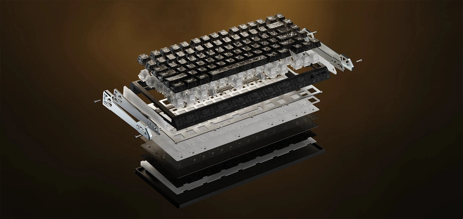 Exploded R86 HE illustration separating the keycaps from switches and internal layers