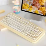 Detailed views of the premium Shakespeare PBT keycaps set, highlighting its vintage milky yellow, shimmering finish, and elegant literary.