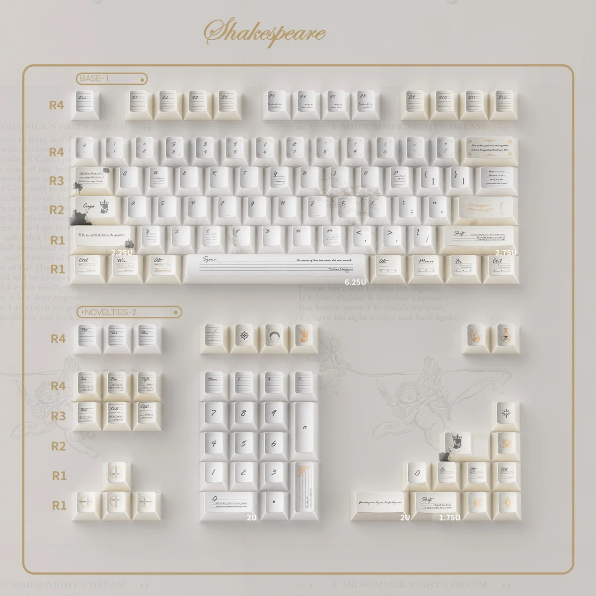 Shakespeare Keycaps Set: Premium vintage milky yellow PBT keycaps with a shimmering pearlescent finish, exuding literary elegance.