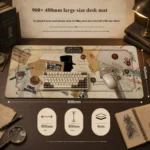 An artistic close-up of the exclusive Sherlock Holmes 221B Baker Street Desk Mat, revealing its vintage detective design and intricate cipher pattern.