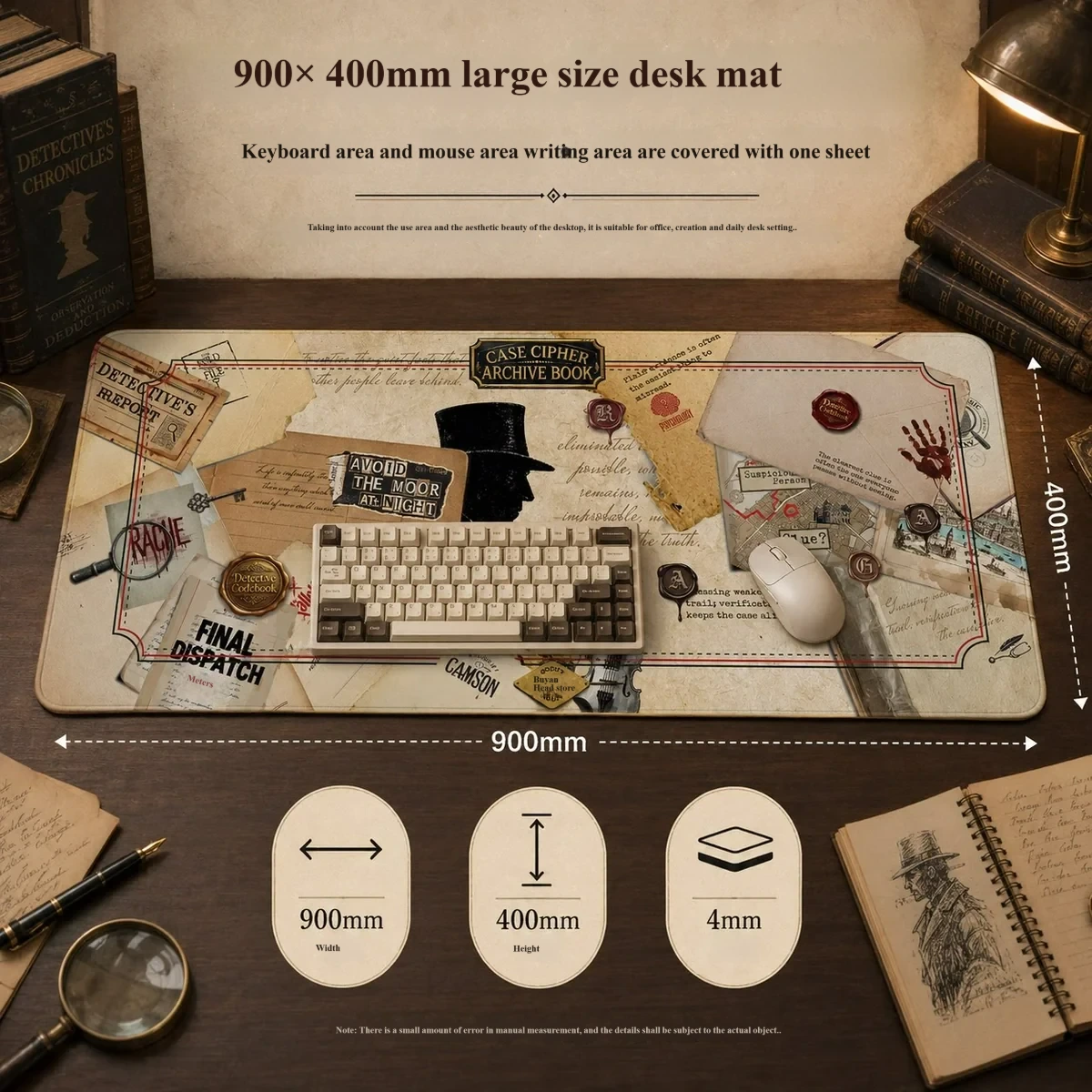 An artistic close-up of the exclusive Sherlock Holmes 221B Baker Street Desk Mat, revealing its vintage detective design and intricate cipher pattern.