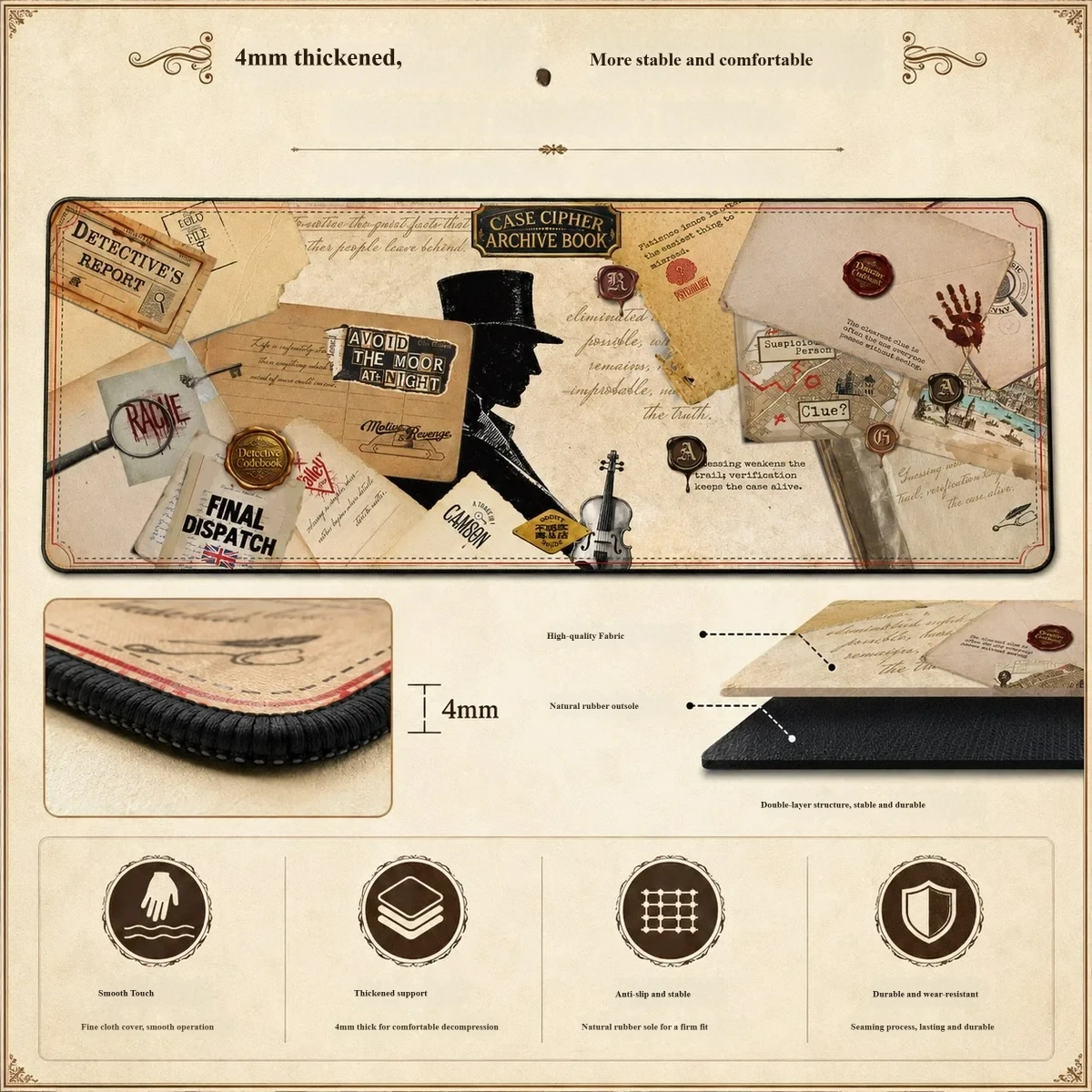 Artistic detail of the exclusive Sherlock Holmes 221B Baker Street Desk Mat, featuring vintage detective aesthetics and intricate cipher motifs.