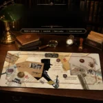 Exclusive Sherlock Holmes 221B Baker Street desk mat, shown from a new angle, highlighting vintage detective aesthetics and intricate cipher details.