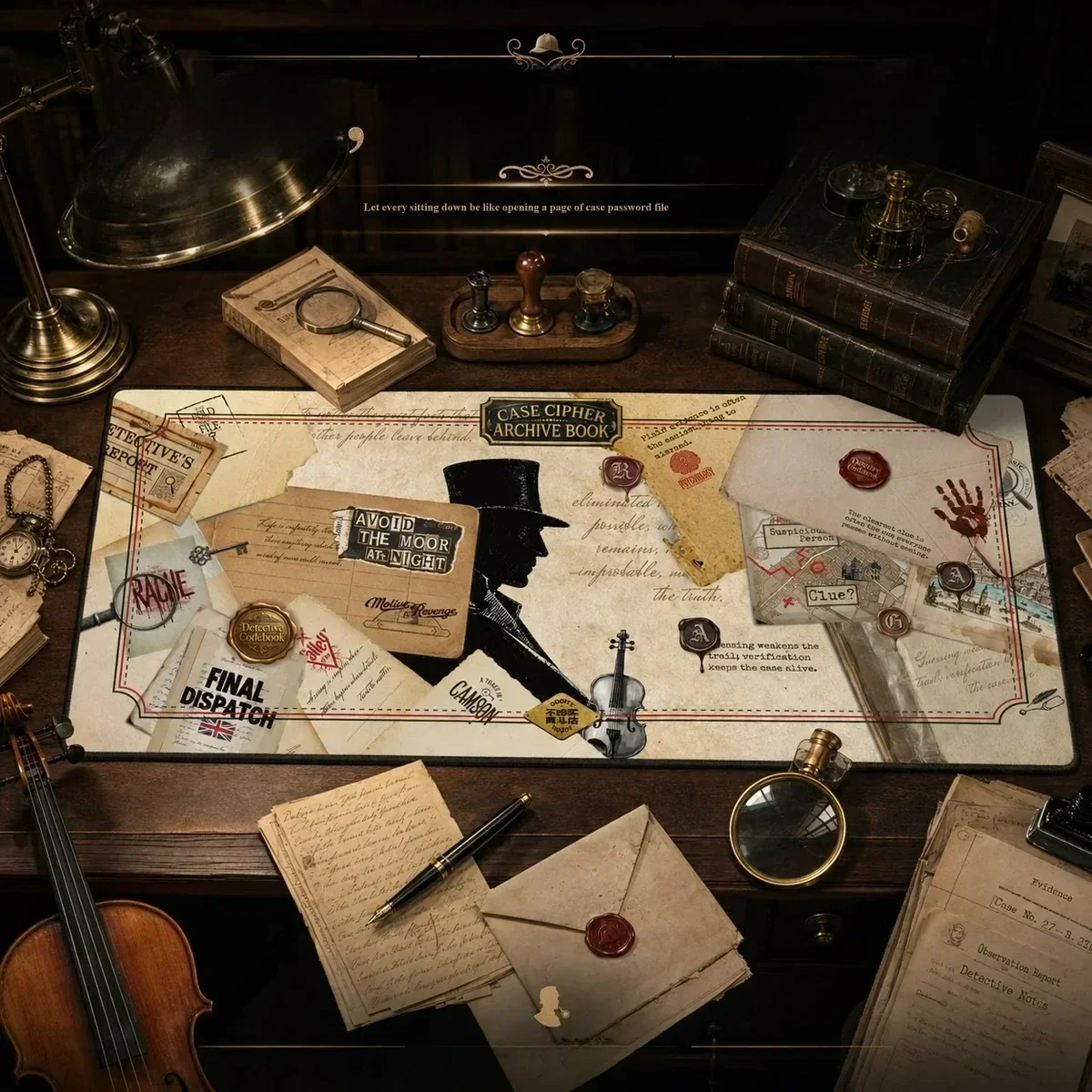 Exclusive Sherlock Holmes 221B Baker Street Desk Mat, featuring vintage detective aesthetics, intricate cipher motifs, and classic Baker Street charm.