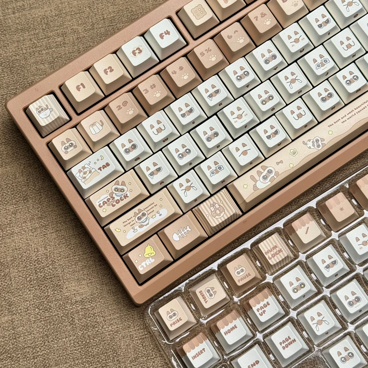 Close-up of unique Siamese Cat Azukisan PBT keycaps Set in various profile, showcasing earthy tones and playful cat motifs for a cozy, artistic keyboard.