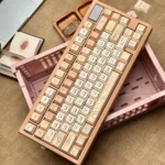 Siamese Cat Azukisan PBT Keycaps set, unique profile, displayed from a unique angle. Showcases playful cat art and cozy earthy tones for an artistic keyboards.