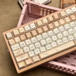 Close-up of the unique Azukisan Siamese Cat PBT keycap set, unique profile, featuring playful cat motifs on earthy tones, 120 keys.