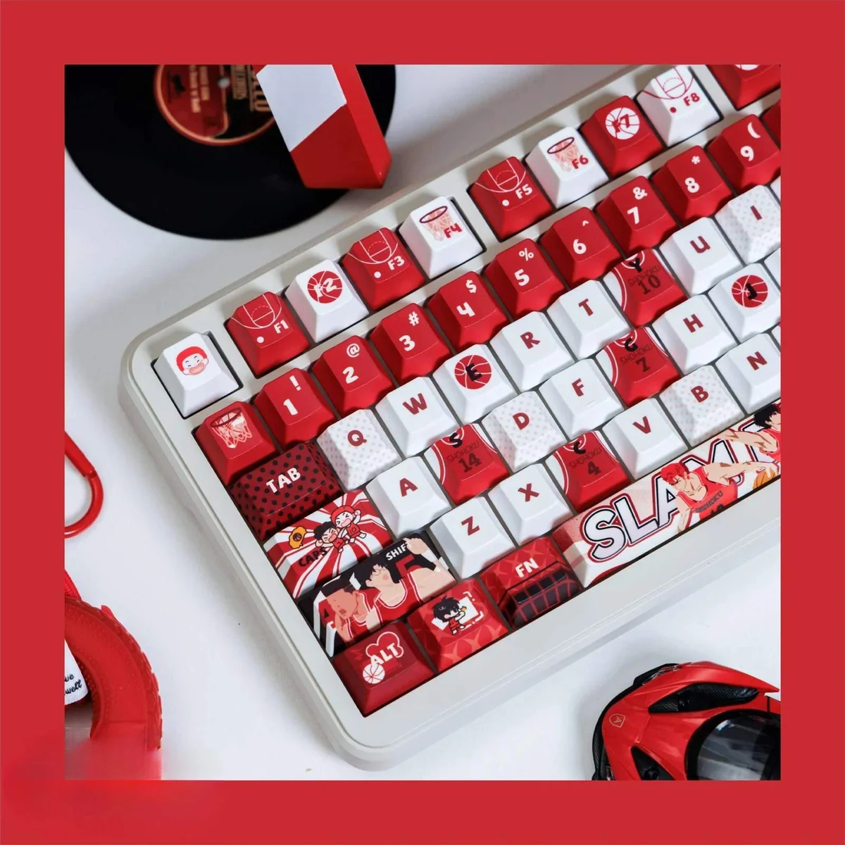 Artistic close-up of the vibrant Slam Dunk PBT keycaps set from a unique angle, highlighting iconic anime characters and basketball court aesthetics.