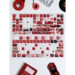 A vibrant, artistic view of the full Slam Dunk PBT keycap set, showcasing iconic anime characters and basketball court designs from multiple angles.