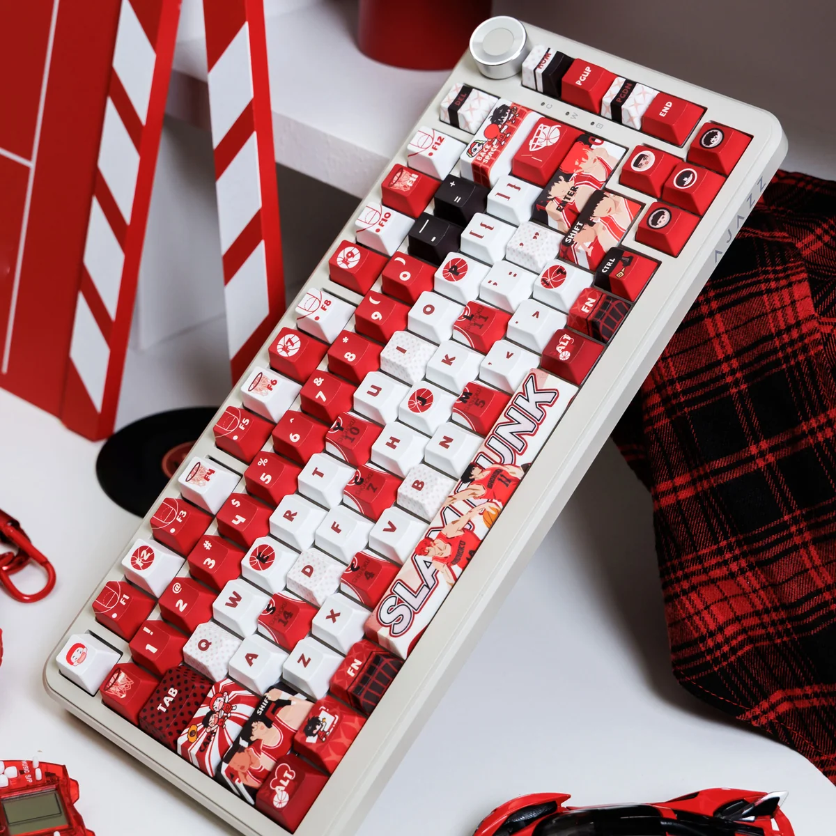Vibrant Slam Dunk PBT keycaps set showcasing iconic anime characters and a dynamic basketball court design, perfect for nostalgic fans.