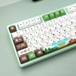 Stardew Valley Pixel Art PBT Dye-Sub Translucent Keycaps. Vibrant designs and translucent finish from various angles, evoking cozy farm life.
