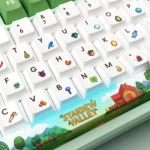 Authentic Stardew Valley pixel art PBT dye-sub translucent keycaps set, showcasing vibrant designs from multiple angles for an enchanting gaming setup.
