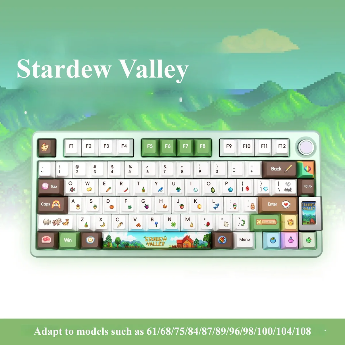 Authentic Stardew Valley Pixel Art PBT Dye-Sub Translucent Keycaps set, vividly displayed with charming pixel art and a cozy, enchanting farm aesthetic.
