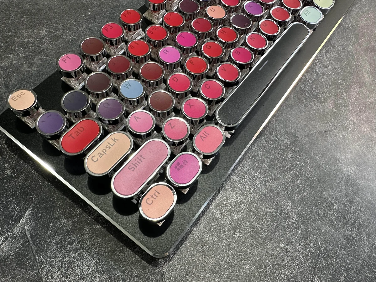 Vibrant, glossy keycaps of the Daring Lipstick Steampunk Mechanical Keyboard, highlighting its retro-futuristic design and bold, candy hues.