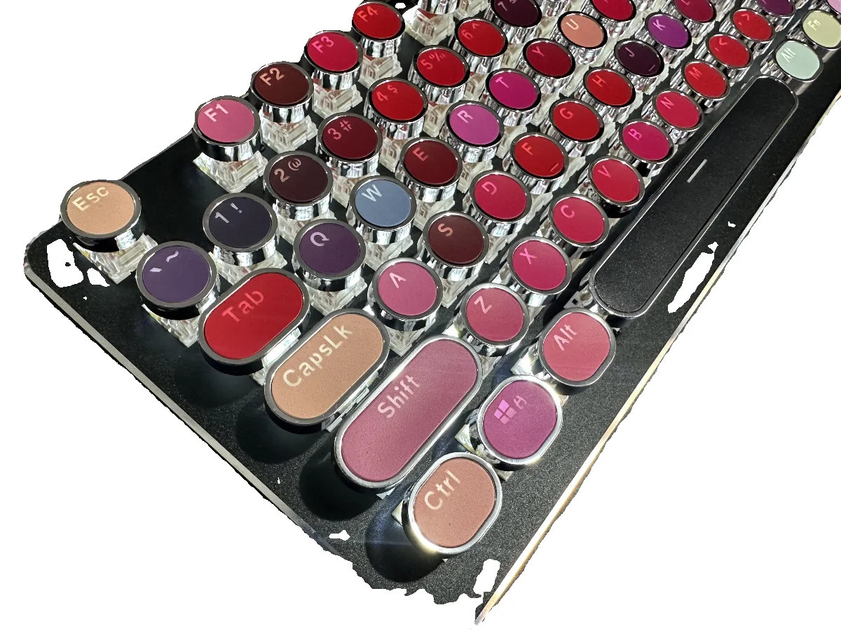 Close-up of the daring lipstick steampunk mechanical keyboard, showcasing its vibrant, glossy keys and retro-futuristic design with candy-inspired hues.