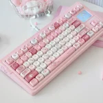 A close-up view of the adorable Sugar Bunnies MOA PBT keycap set, showcasing various keycaps with whimsical pastel dessert and rabbit designs.