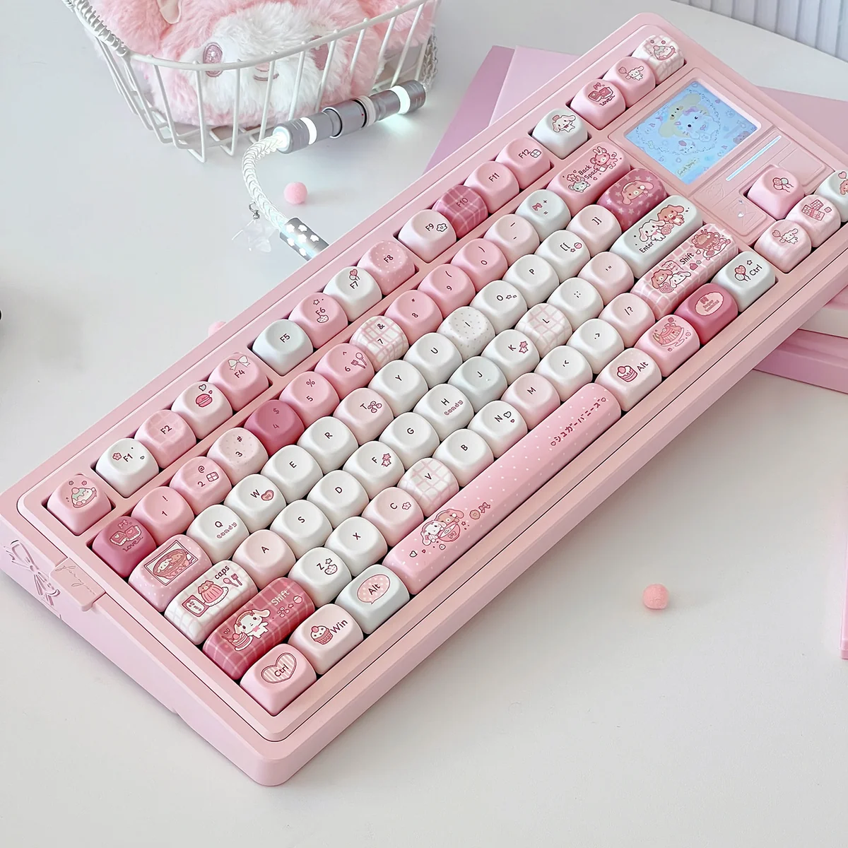 A close-up view of the adorable Sugar Bunnies MOA PBT keycap set, showcasing various keycaps with whimsical pastel dessert and rabbit designs.