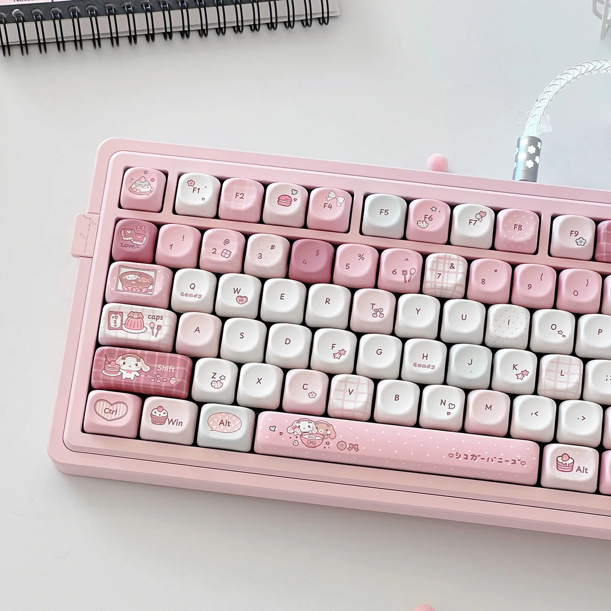 Whimsical Sugar Bunnies MOA PBT keycap set. Adorable pastel dessert designs with cute rabbits, highlighting its unique MOA profile for mechanical keyboard.