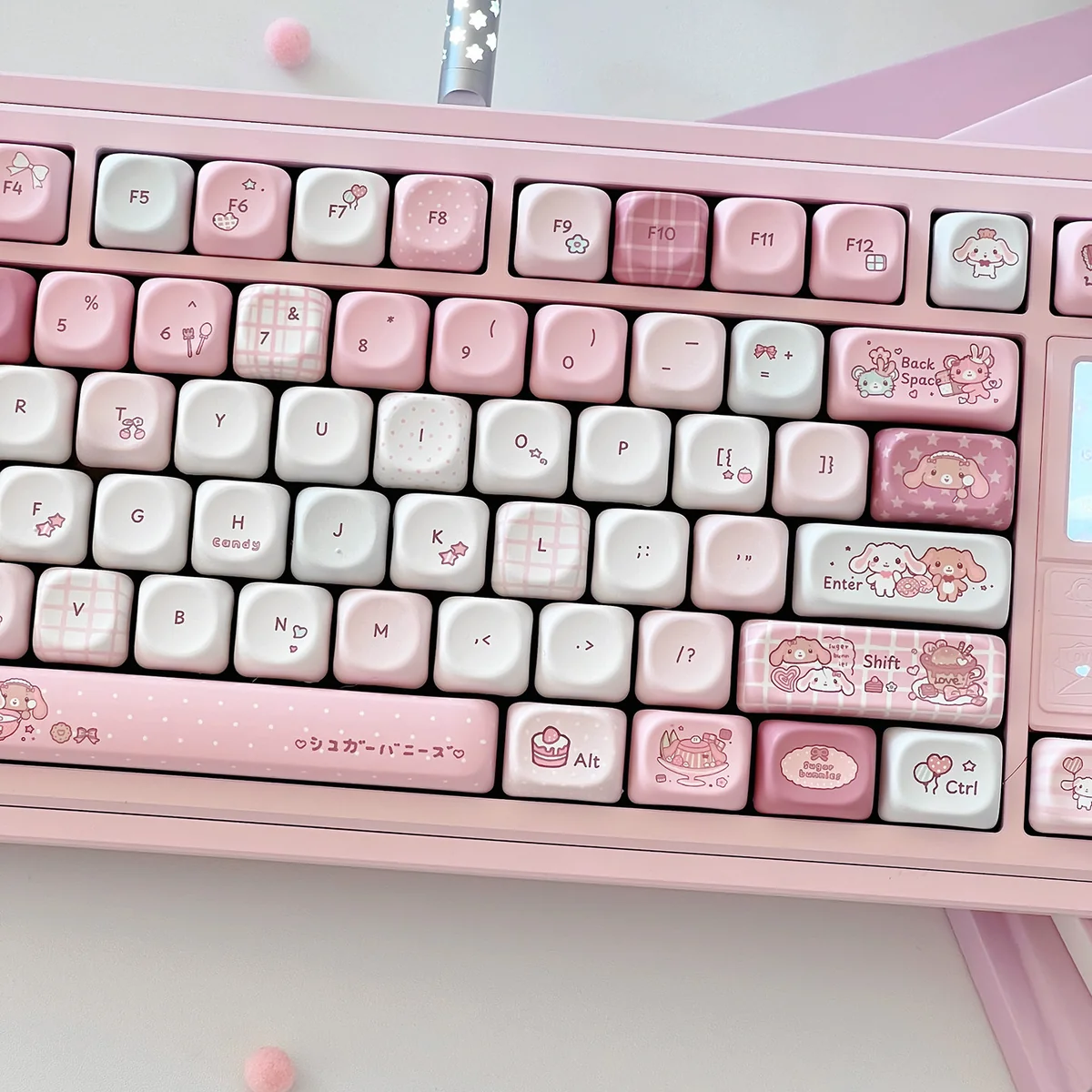 Adorable Sugar Bunnies MOA PBT keycaps with a whimsical pastel dessert theme. Various angles reveal cute rabbit designs and the unique MOA profile.