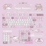 Close-up of the whimsical Sugar Bunnies MOA PBT keycaps, showcasing adorable pastel dessert designs and charming rabbit details from a unique angle.