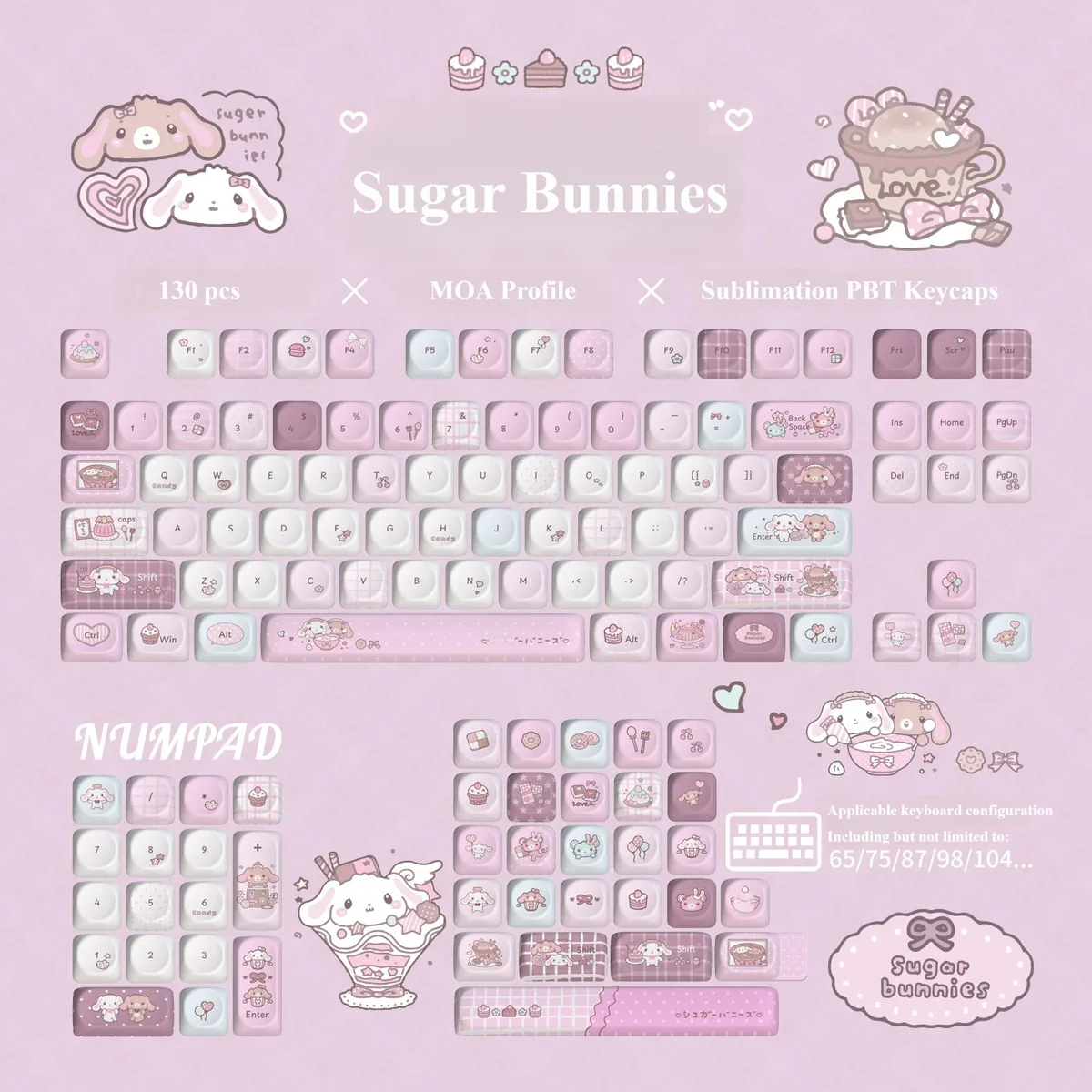 Close-up of the whimsical Sugar Bunnies MOA PBT keycaps, showcasing adorable pastel dessert designs and charming rabbit details from a unique angle.