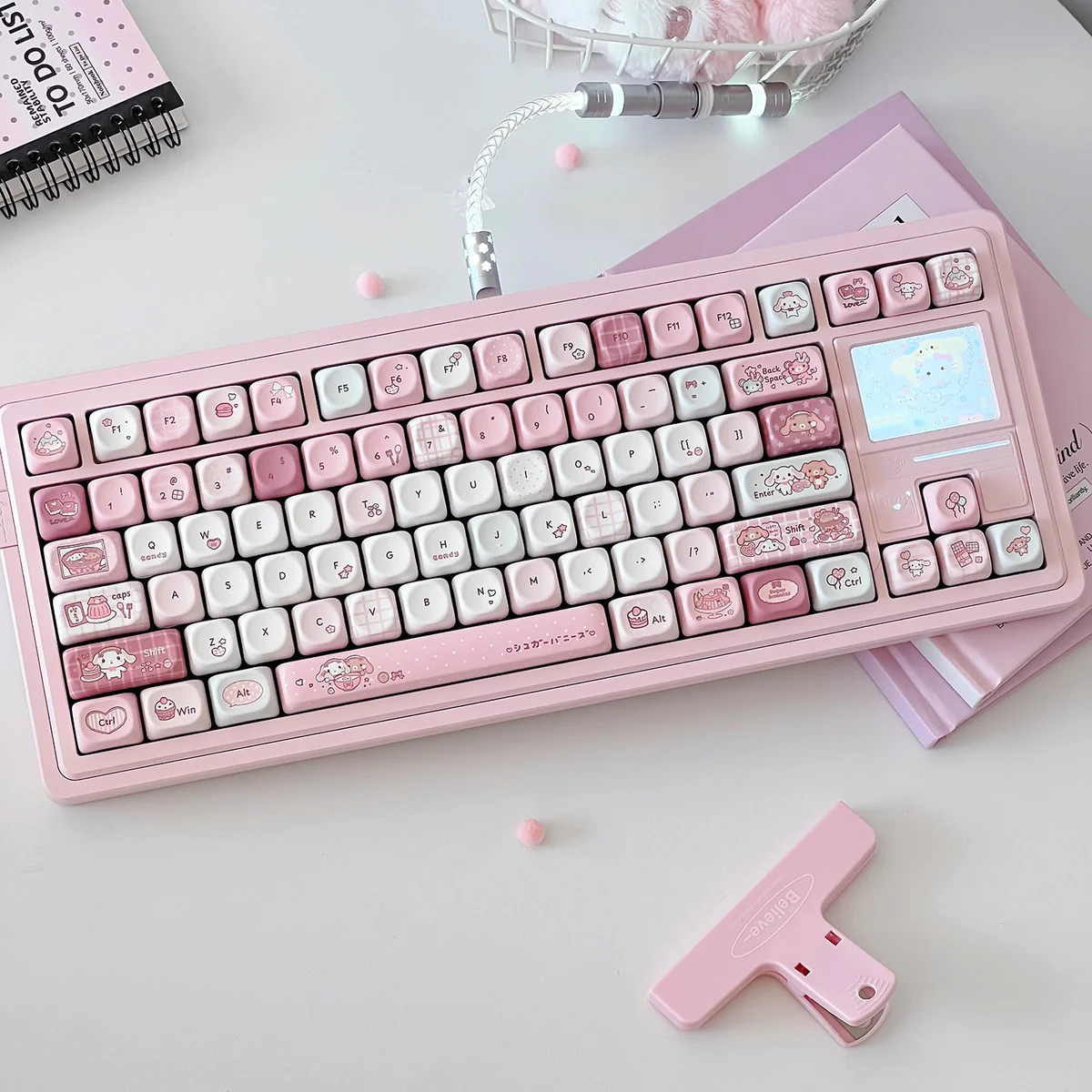 Whimsical Sugar Bunnies MOA PBT Keycap Set, adorably designed with pastel dessert themes and cute rabbits on a unique MOA profile.