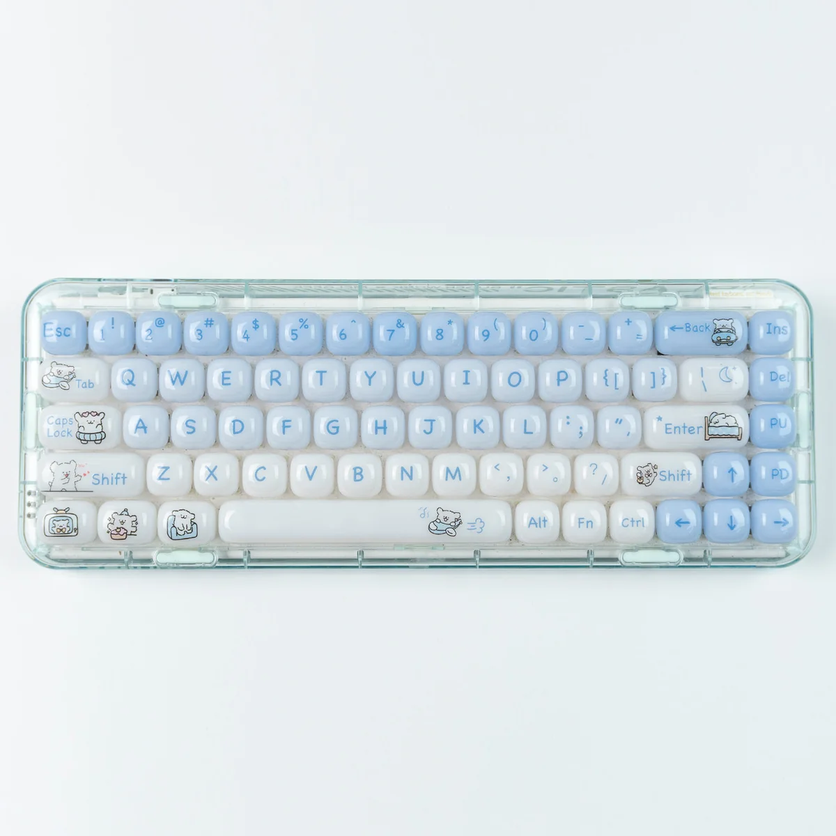 A playful, vibrant Animal Spa: Swimming Maltese Dog MOG Keycap Set featuring an adorable translucent cartoon dog relaxing in a clear pool.