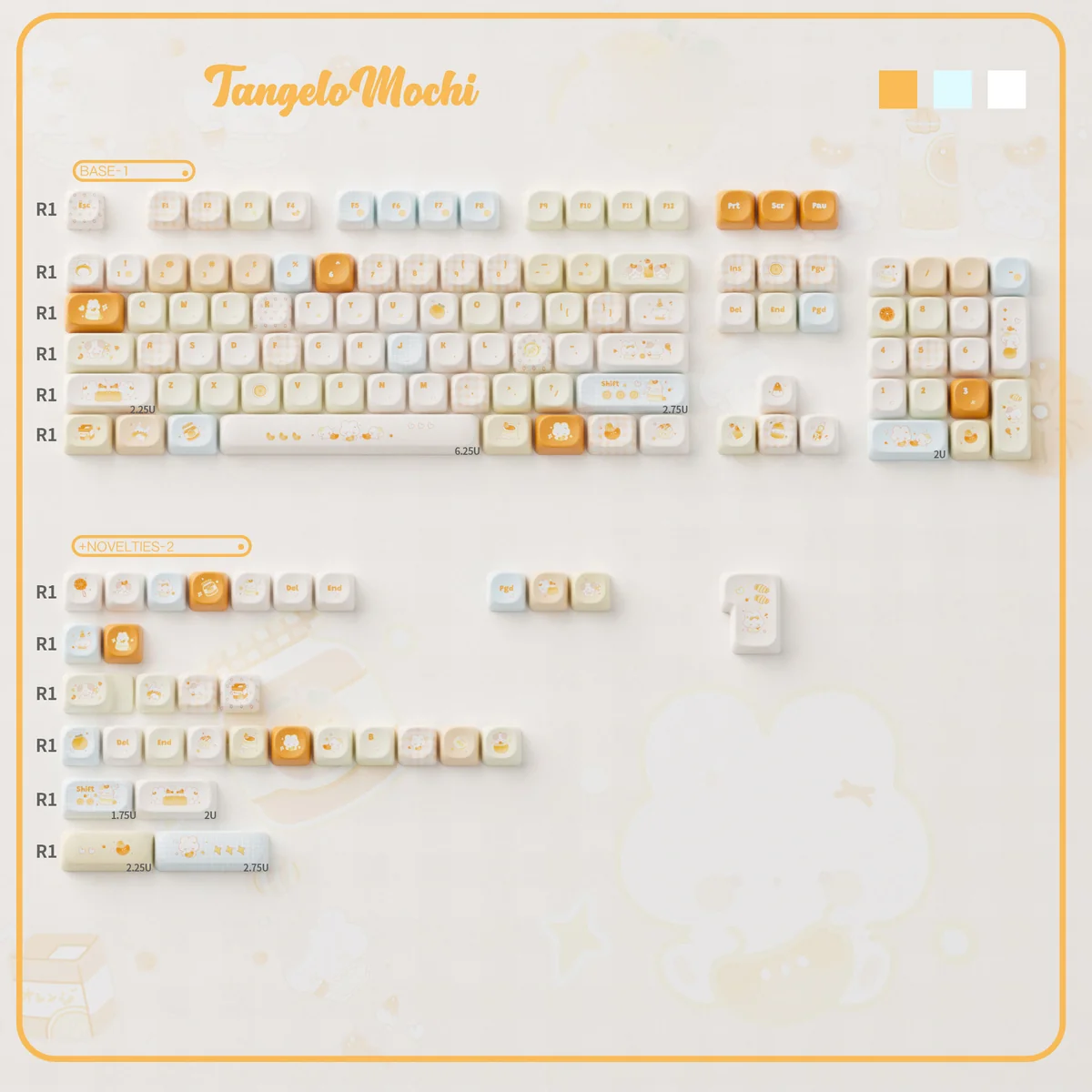 Vibrant Tangelo Mochi PBT dye-sub keycaps, shown from various playful angles, highlighting the unique dessert-inspired design in orange and cream.