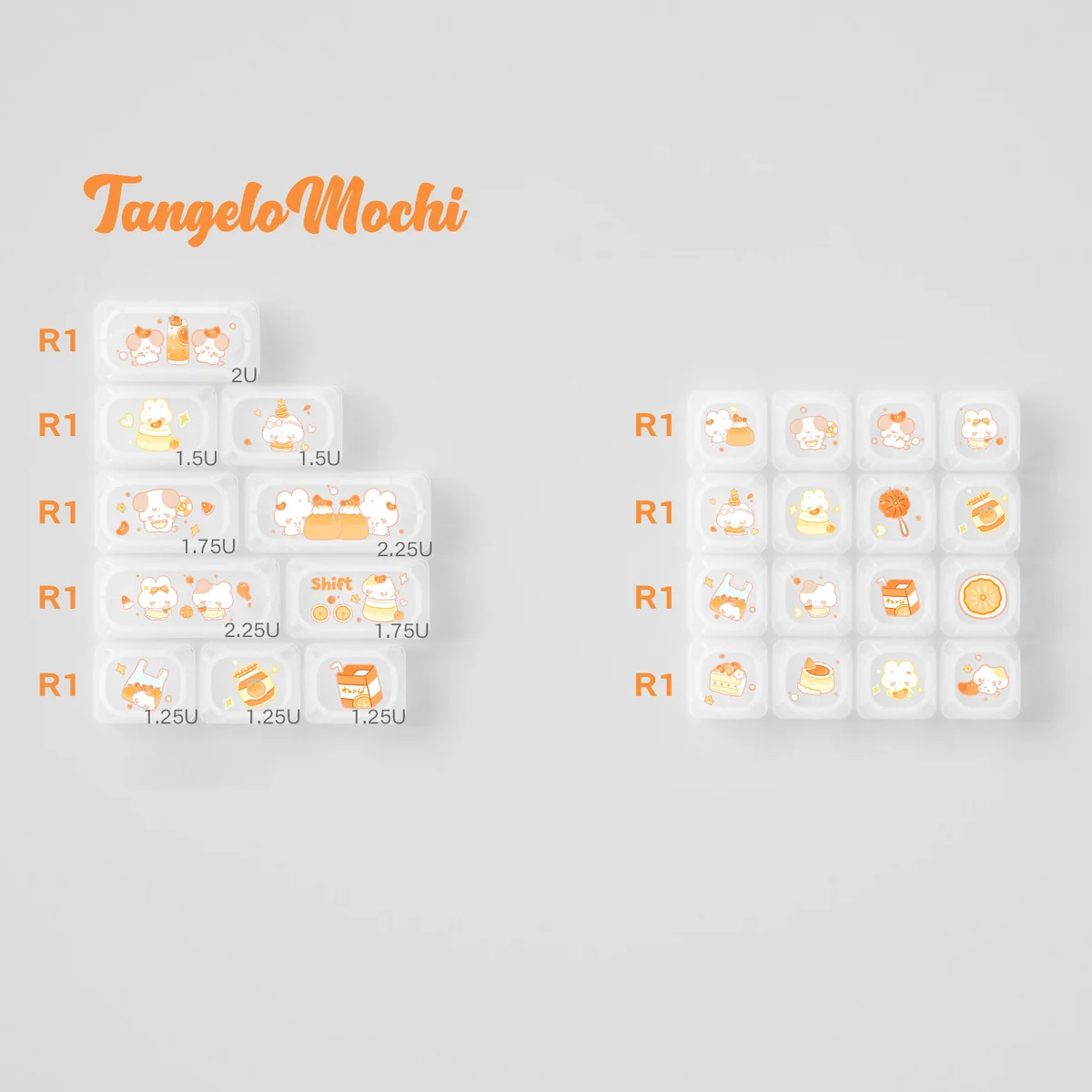 Vibrant Tangelo Mochi keycap set in MOA profile, showcasing cute, premium PBT dye-sub design with summery orange and cream hues.