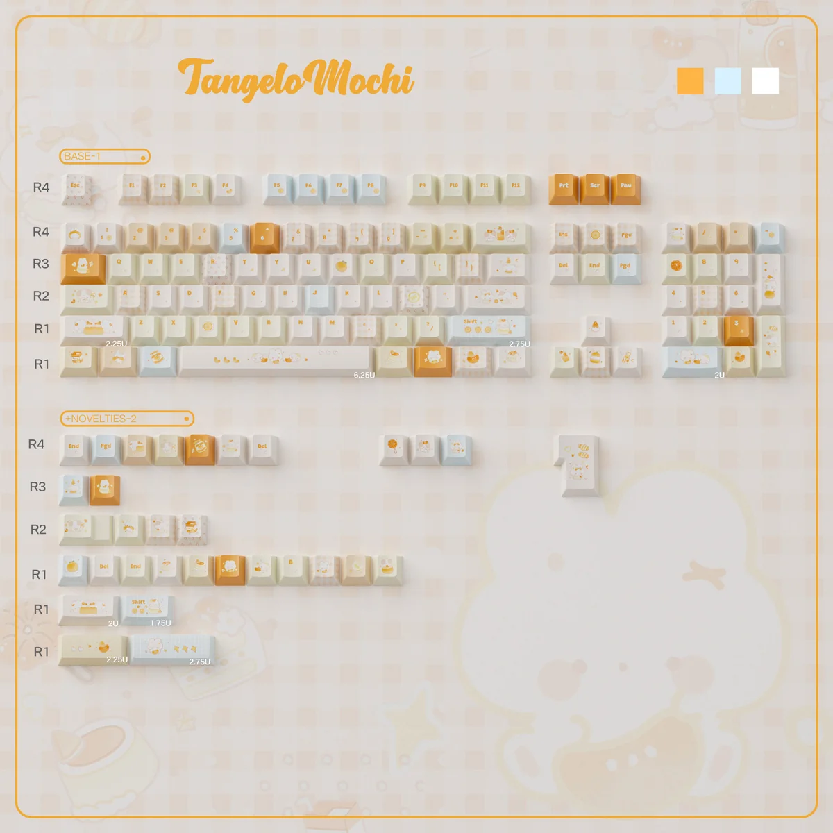 Playful Tangelo Mochi MOA-PC supplement keycaps, featuring vibrant orange and cream PBT dye-sub legends and dessert-inspired novelty designs.
