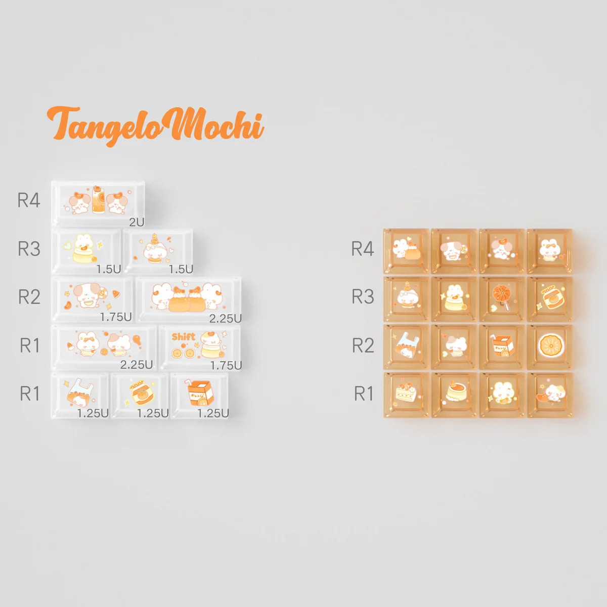 Playful Tangelo Mochi PBT dye-sub keycaps, showcasing the vibrant "Orange Summer Dango" theme with cute, dessert-inspired orange and cream hues.