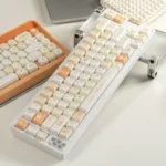 Vibrant Tangelo Mochi Keycaps set, showcasing the playful dessert-inspired theme and premium PBT dye-sub craftsmanship from a detailed angle.