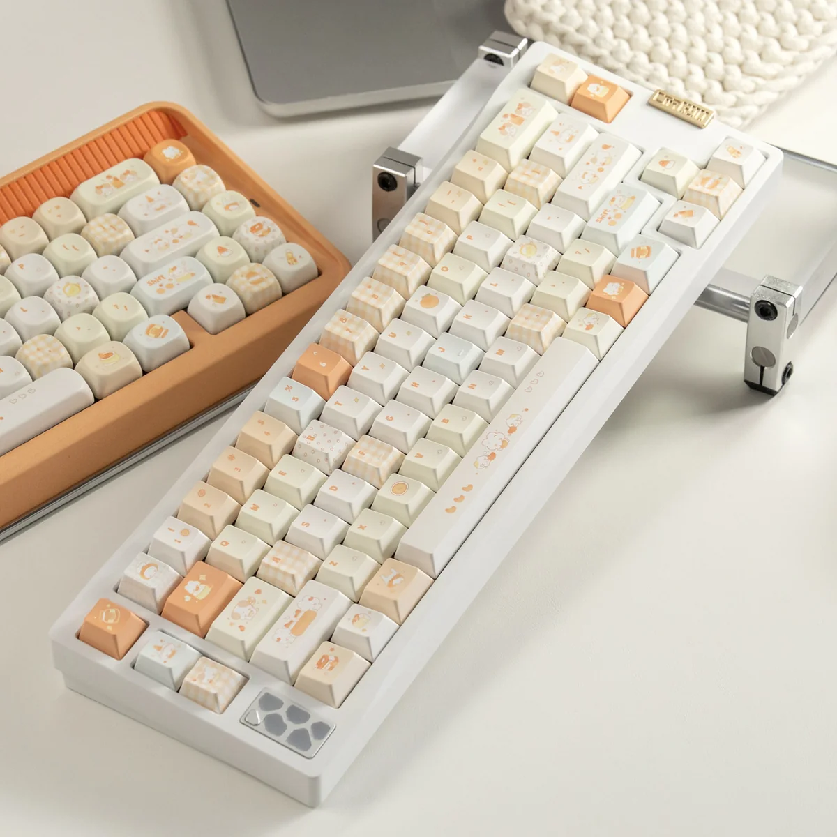 Vibrant Tangelo Mochi Keycaps set, showcasing the playful dessert-inspired theme and premium PBT dye-sub craftsmanship from a detailed angle.