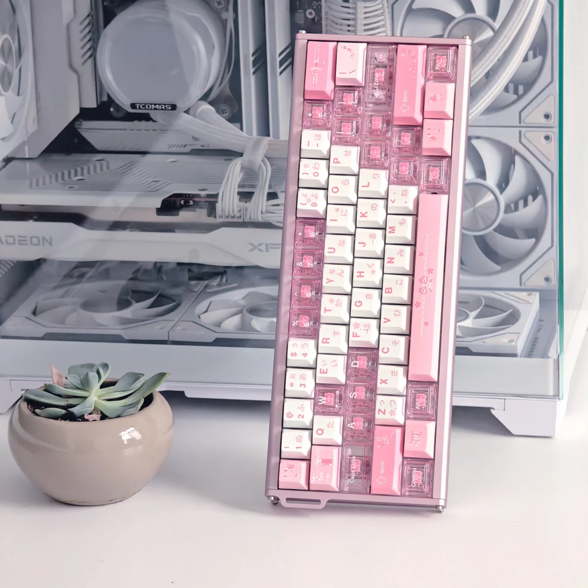 The Fox's Wedding PBT dye-sub keycaps, detailed view of mystical pink fox motifs, traditional wedding theme, emphasizing durable artistry.