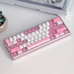 The Fox's Wedding PBT dye-sub keycaps, showing mystical fox and East Asian wedding motifs in soft pinks from a unique angle.