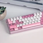 The Fox's Wedding PBT dye-sub keycaps from a unique angle, showcasing mystical fox motifs in soft pinks and artistic East Asian wedding details.