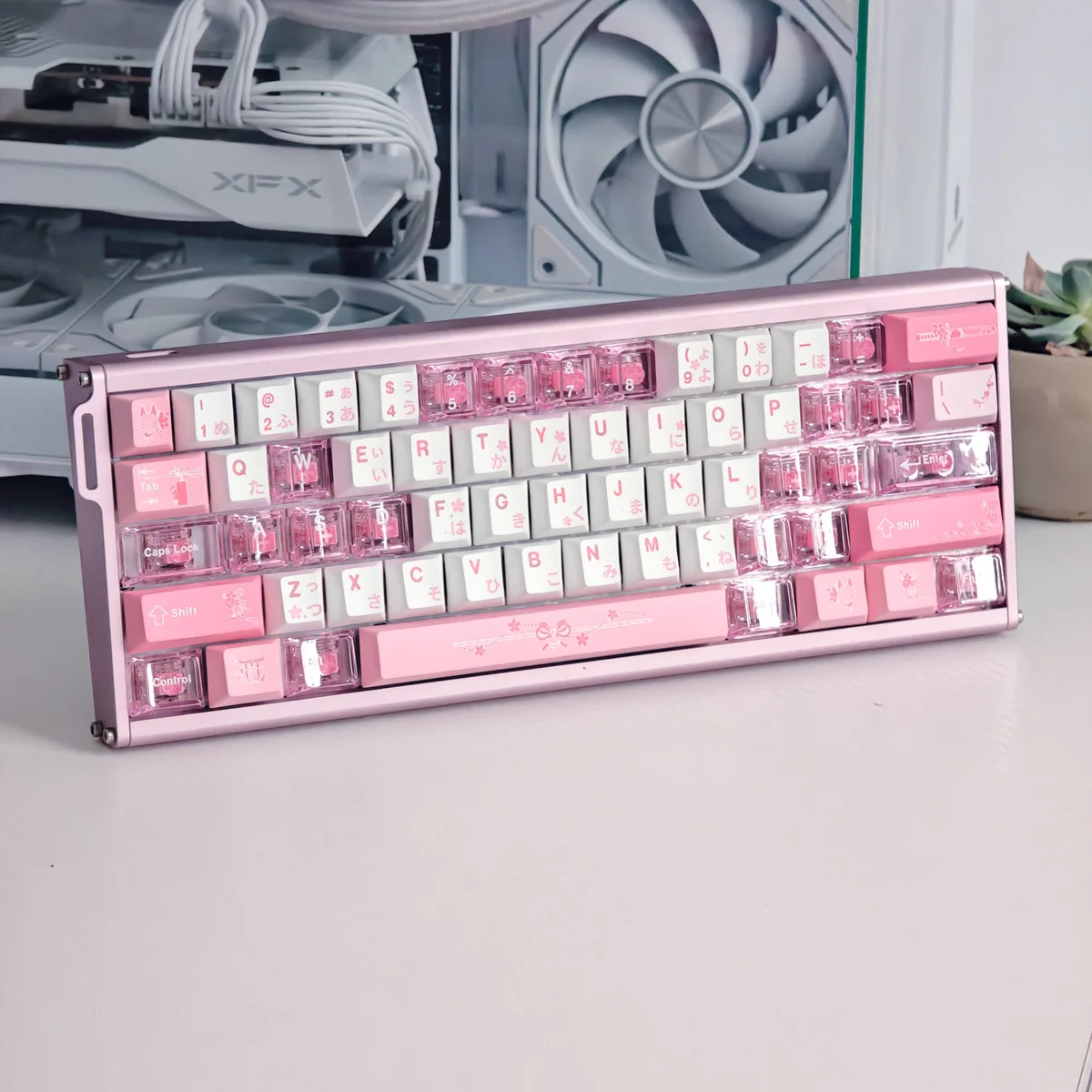 The Fox's Wedding PBT dye-sub keycaps. Mystical pink fox motifs, traditional East Asian wedding art. Durable and artistic.