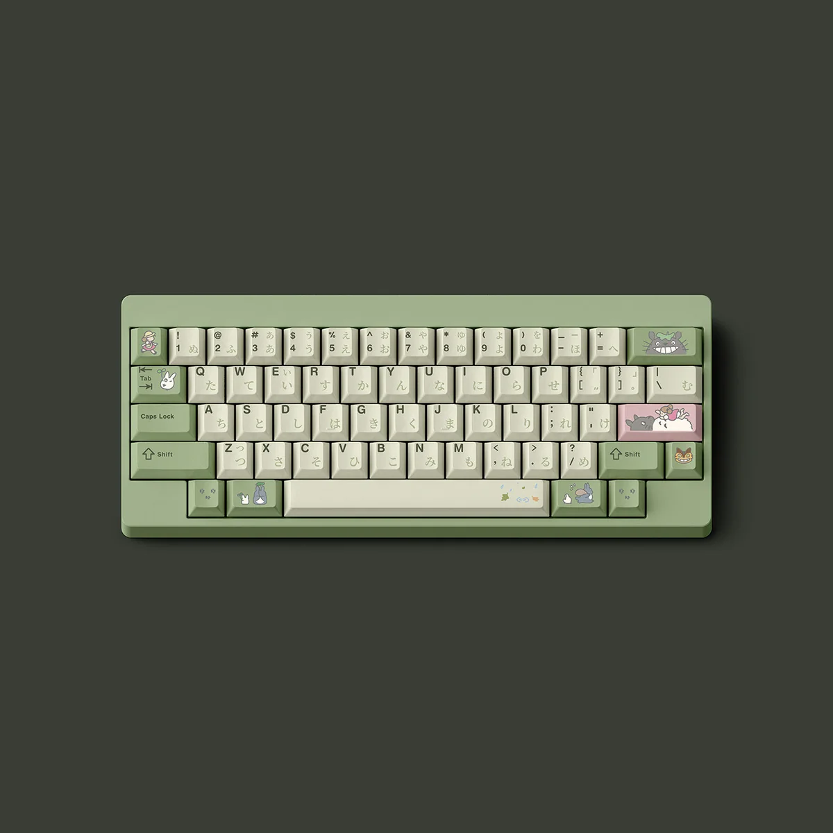 Exclusive Totoro PBT Dye-Sub keycaps, multiple angles. Playful forest spirits and iconic characters add nostalgic charm to desks.