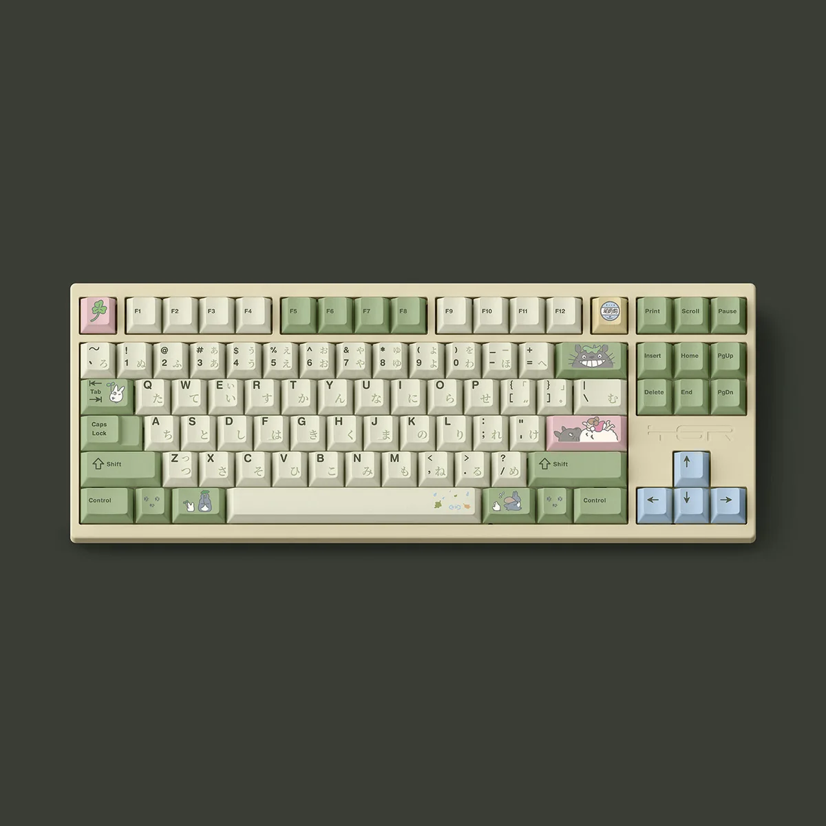 Exclusive Whimsical Totoro PBT Dye-Sub keycap set from multiple angles, showcasing iconic forest spirits and gentle nature art.