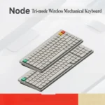 NODE75 Vintage White Tri-Mode Mechanical Keyboard gallery showcasing its vintage elegance, sleek profiles, and customizable RGB features from various angles.