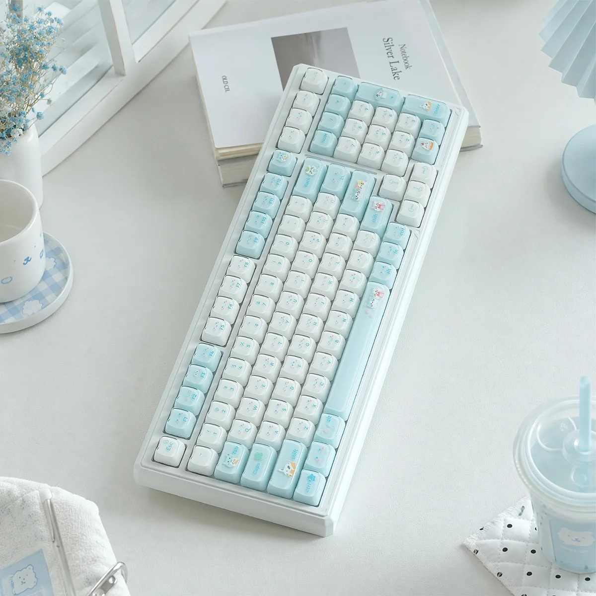 A whimsical UR98 Cat Paradise Tri-Mode Mechanical Keyboard showcasing a playful feline design with soft, inviting colors and versatile tri-mode connectivity.