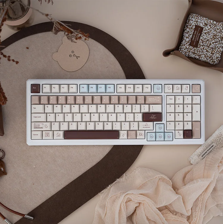 Joyful Cocoa Duck themed mechanical keyboard shown from various angles, highlighting its charming design, tri-mode connectivity, and silent linear switches.