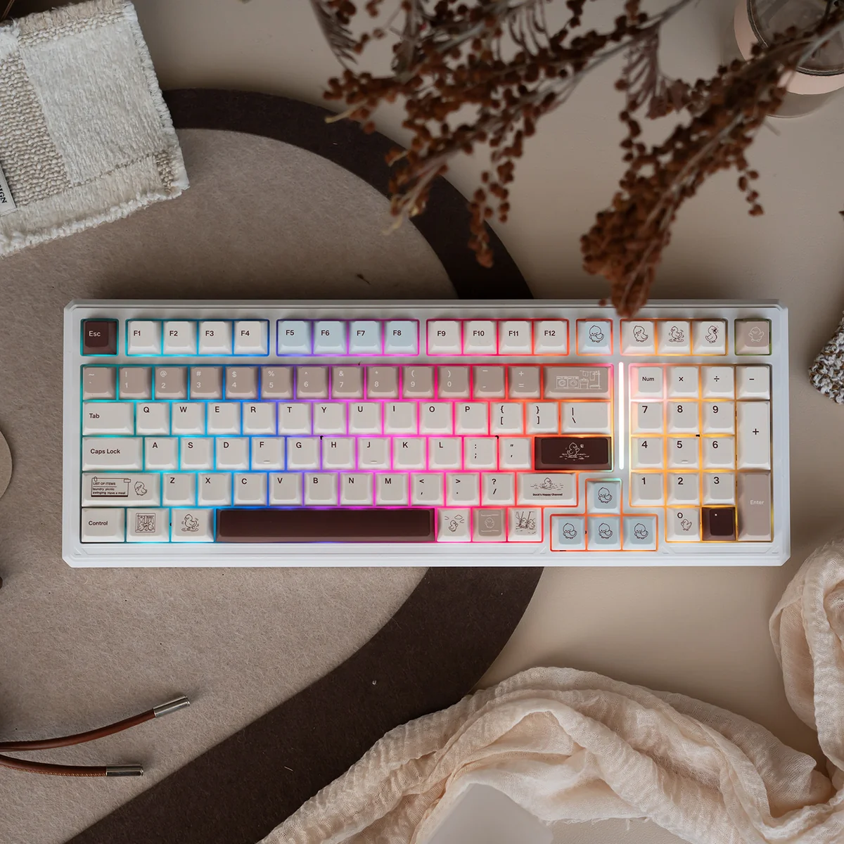 A charming Cocoa Duck themed mechanical keyboard featuring tri-mode connectivity and silent linear switches, presented with warm.