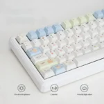 UR98 Relaxed Vacation tri-mode mechanical keyboard, multi-angle view, highlighting pastel design, silent linear switches, and tri-mode wireless.