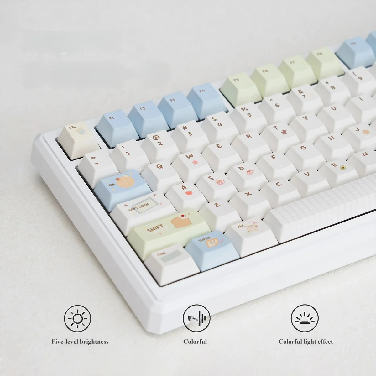 UR98 Relaxed Vacation tri-mode mechanical keyboard, multi-angle view, highlighting pastel design, silent linear switches, and tri-mode wireless.
