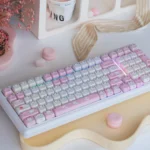 UR98 Spring Kitten Tri-Mode Mechanical Keyboard: whimsical pastel design, ergonomic white base, silent linear switches, tri-mode connectivity.