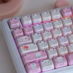 UR98 Spring Kitten Tri-Mode Mechanical Keyboard views: whimsical pastel keycaps, cute kitten design, ergonomic white base, Tri-Mode, and silent linear switches.