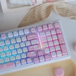 UR98 Spring Kitten Tri-Mode Mechanical Keyboard: multiple detailed views showcasing its whimsical pastel design, silent linear switches, and tri-mode connectivity, playful typing experience.