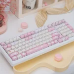 Whimsical UR98 Spring Kitten Tri-Mode Mechanical Keyboard with Coconut Milk switches, featuring a clean white base and pastel accents. Enjoy silent tri-mode typing experience.