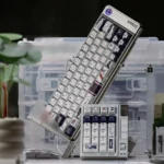 Premium Ultraman Tiga GUTS PBT keycaps in a gallery view, showcasing exclusive side-printed backlit legends and a retro-futuristic carbon fiber design.